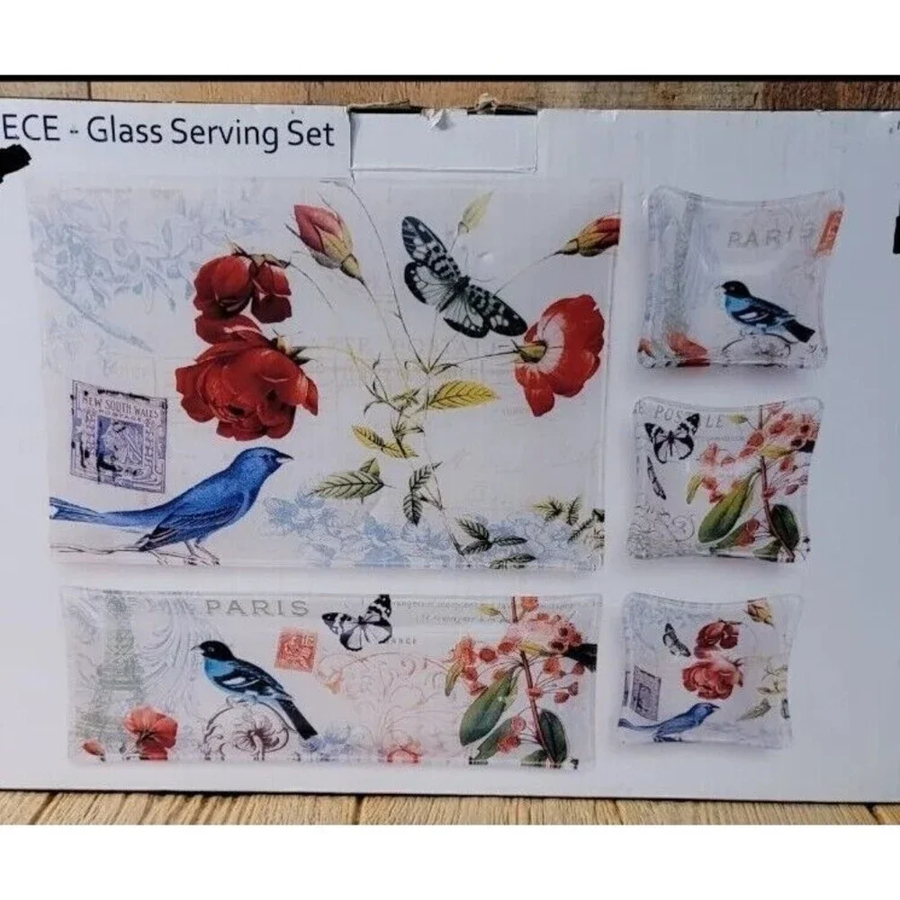 Memories Artisan Glasswork 5 pc. Textured Glass Serving Pieces with Bird/Floral